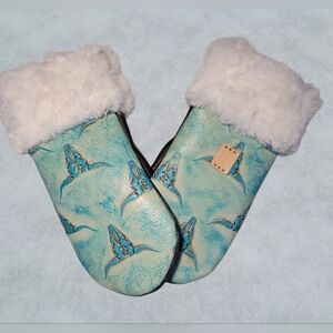 Handcrafted Genuine Leather Turquoise Embossed Steer Skull Mittens Adult XS